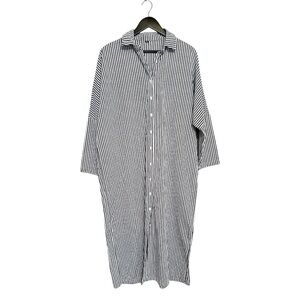 Chouyatou Black White Vertical Stripe Cotton Button Down Maxi Shirt Dress Medium